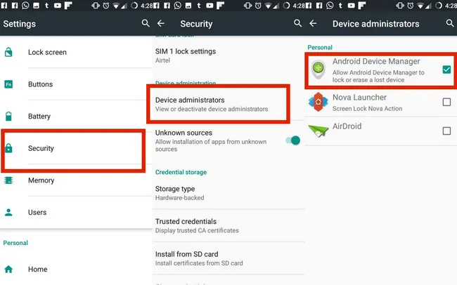 turn on android device manager