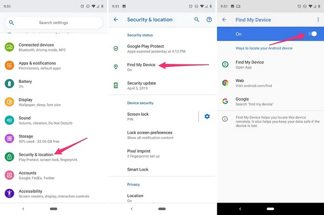 turn on find my device android