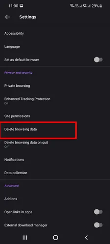 Firefox Delete Browsing Data Android