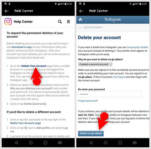 Delete Instagram Account on Android