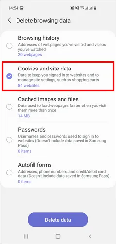 Samsung Internet Browser Delete Cookies Android