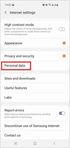 Samsung Internet Browser Peronal Data Android